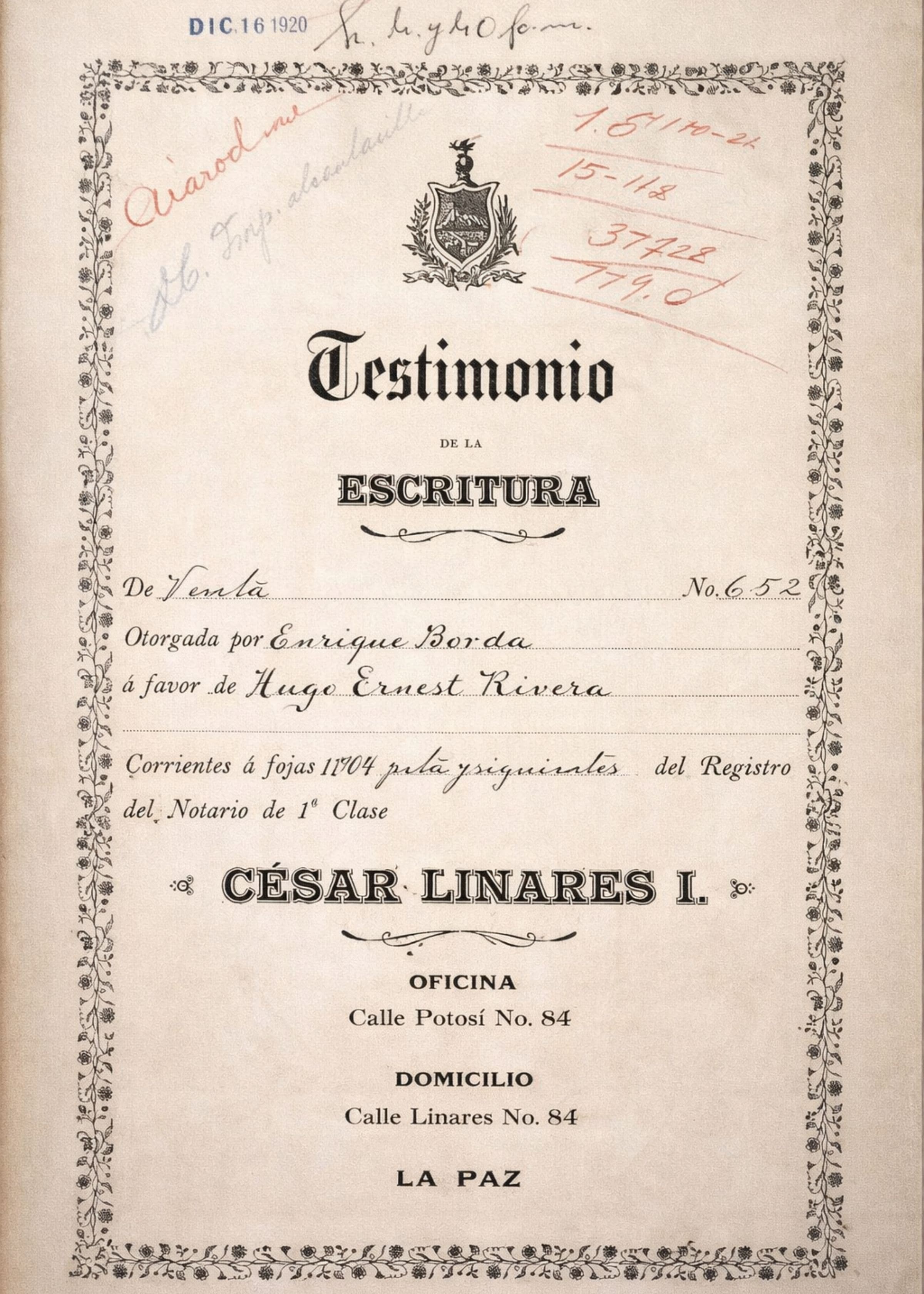Primera página de la escritura pública del inmueble, fechada el 16 de diciembre de 1920.