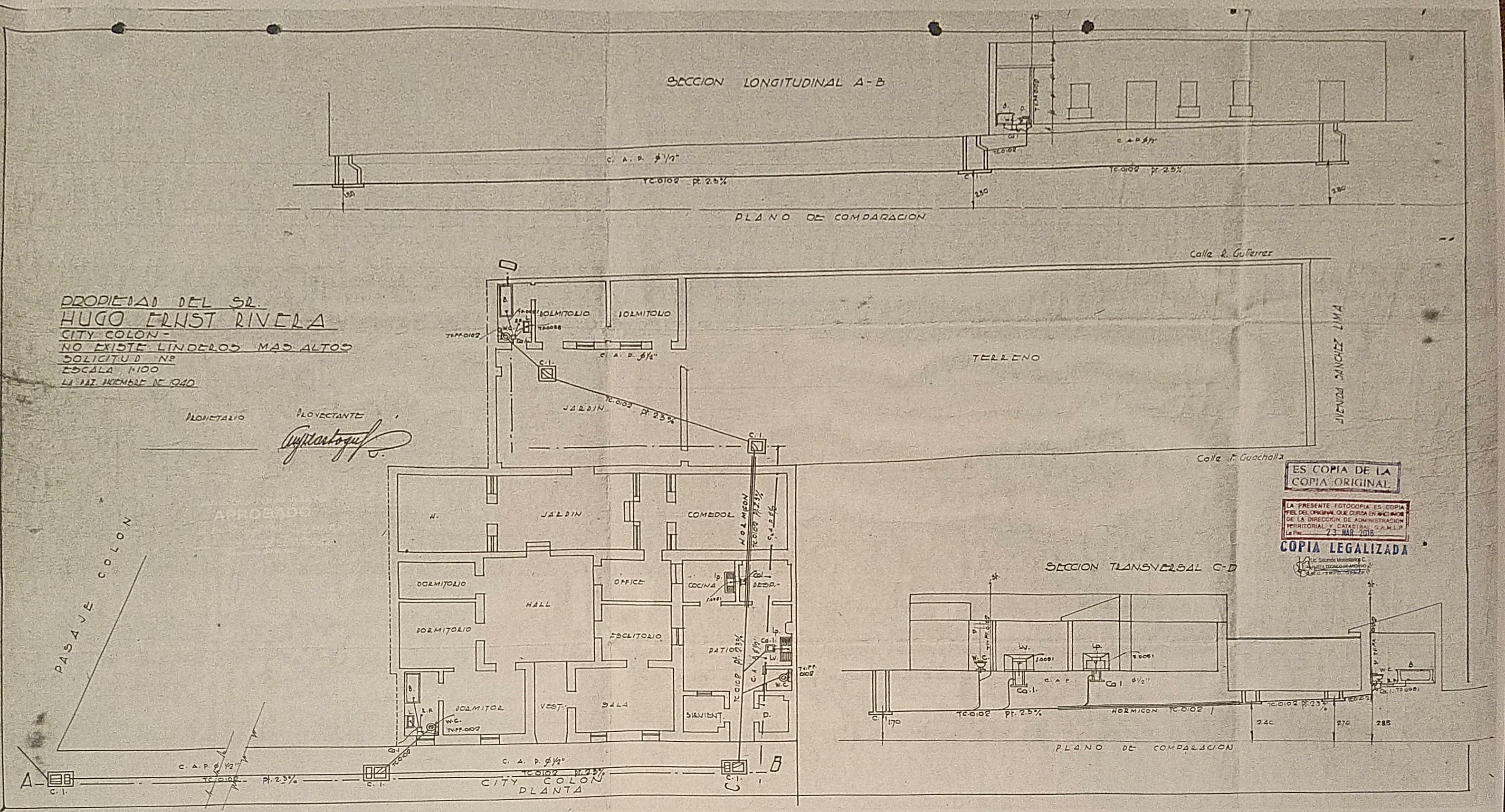 Plano - Sanitario de 1940 del inmueble de City Colón en Sopocachi